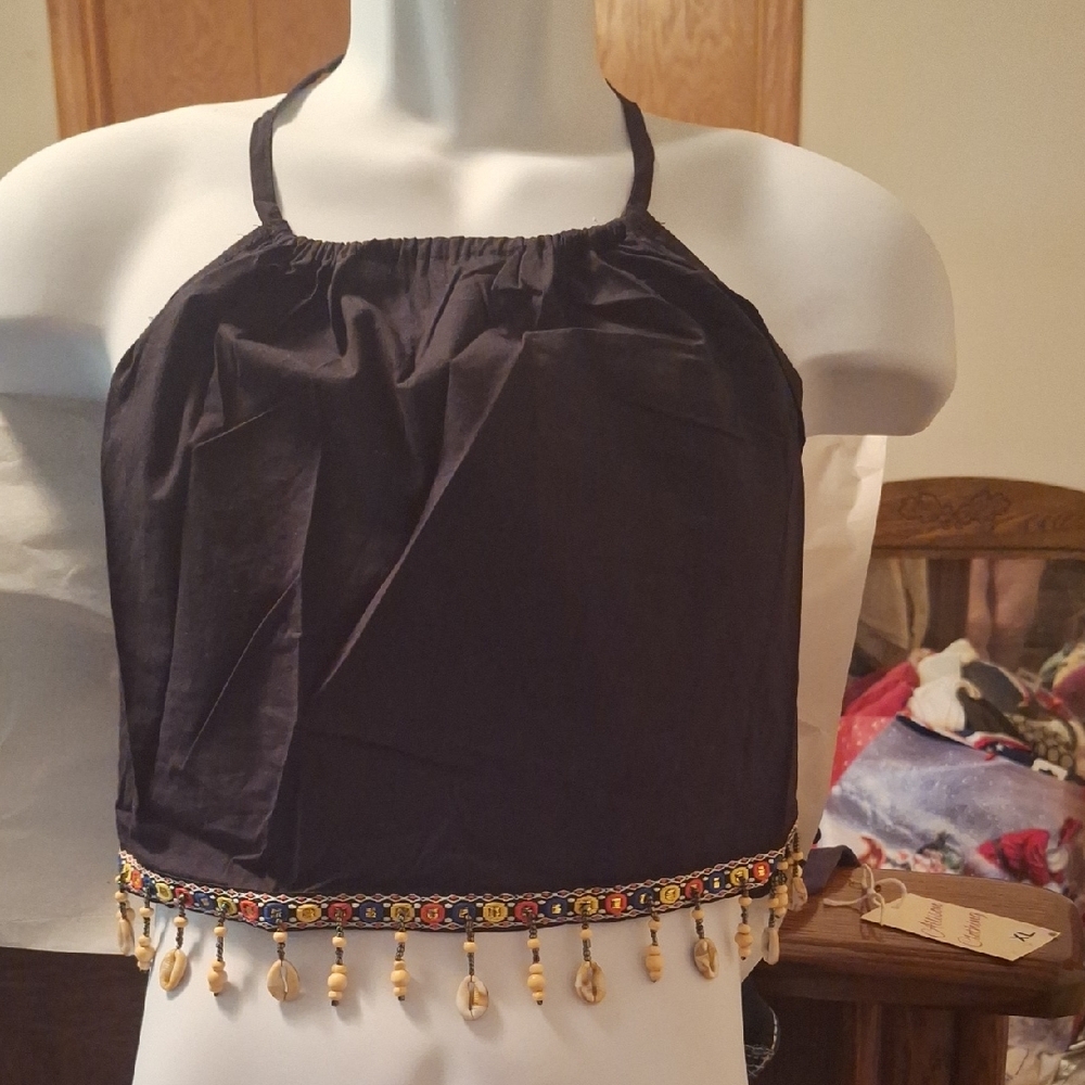 Allison Clothing Black Crop Top with Beaded Trim